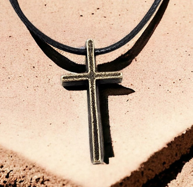 Cross Small Antique Brass Finish Pendant Black Cord Necklace