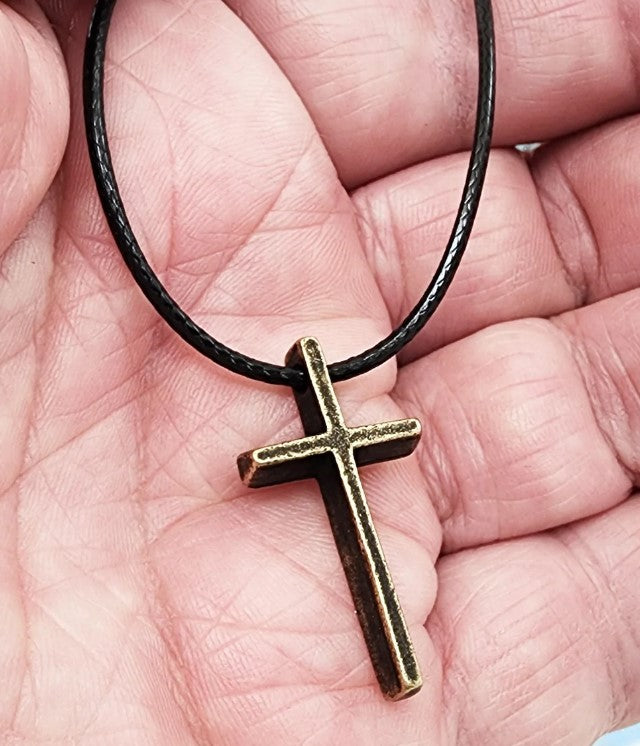 Cross Small Antique Brass Finish Pendant Black Cord Necklace