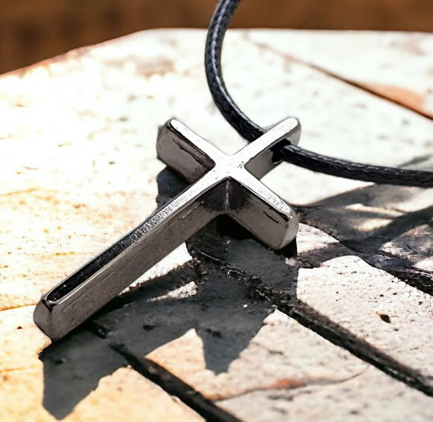 Cross Small Dark Metal Finish Pendant Black Cord Necklace