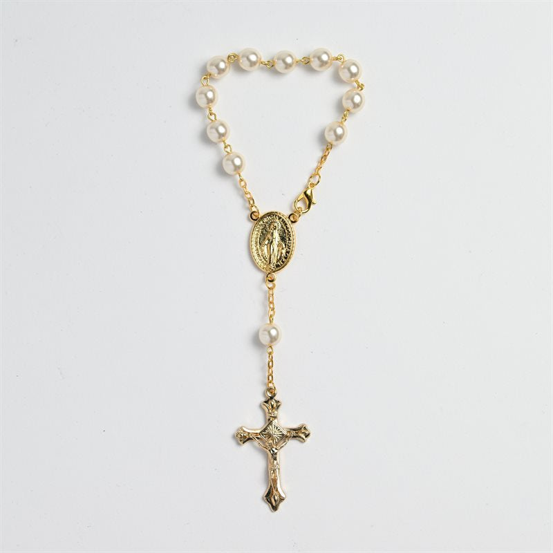 8mm Gold-Plated Cream Pearl Auto Rosary