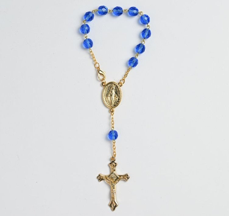 8mm Sapphire Crystal Gold Auto Rosary