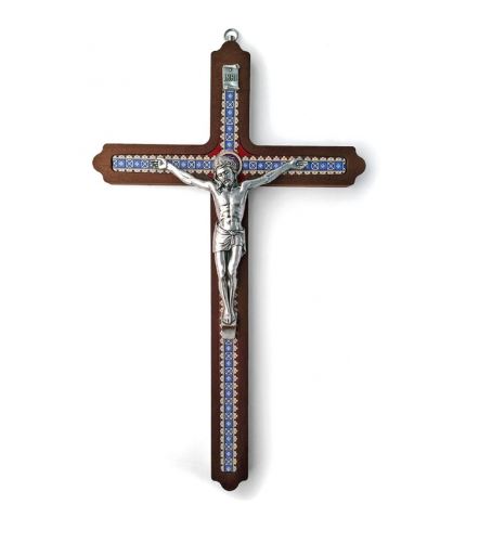 12" Dark Brown Wood with Blue Design Crucifix