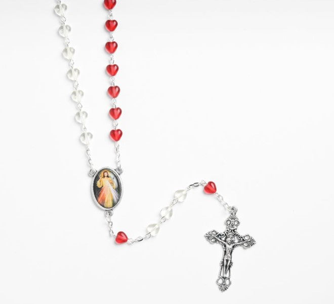 8mm Red & Clear Crystal Heart Divine Mercy Rosary