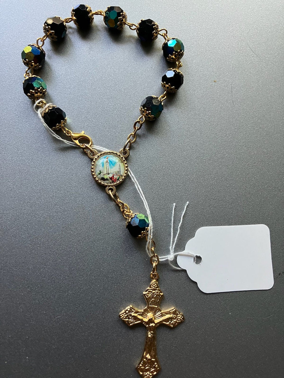 8mm Black Glass Our Lady of Fatima Auto Rosary