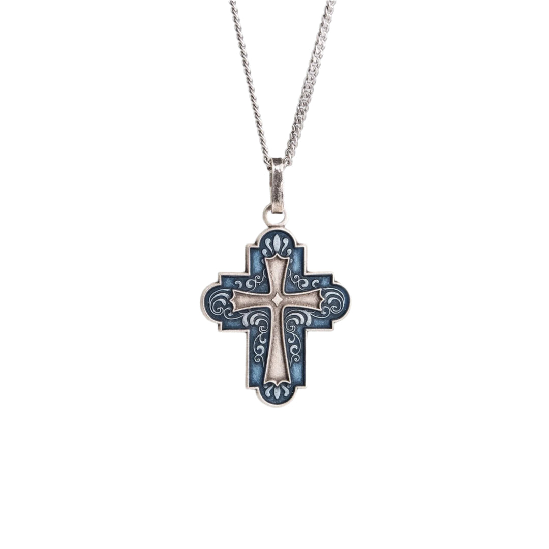 Blue Swirl Silver Plated Cross Necklace