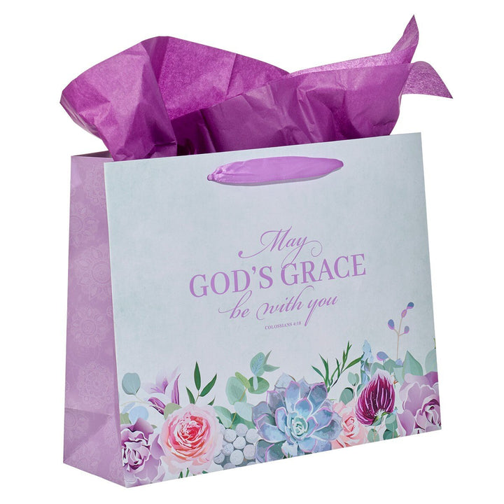 May God's Grace Be With You Purple Succulent Large Landscape Gift Bag with Card - Colossians 4:18