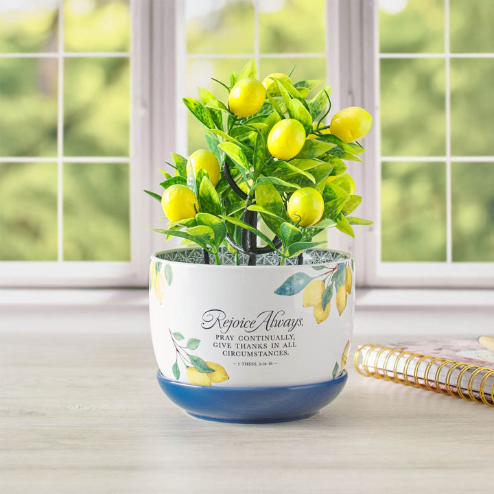 Rejoice Always Lemon Ceramic Planter with Saucer - 1 Thessalonians 5:16-18