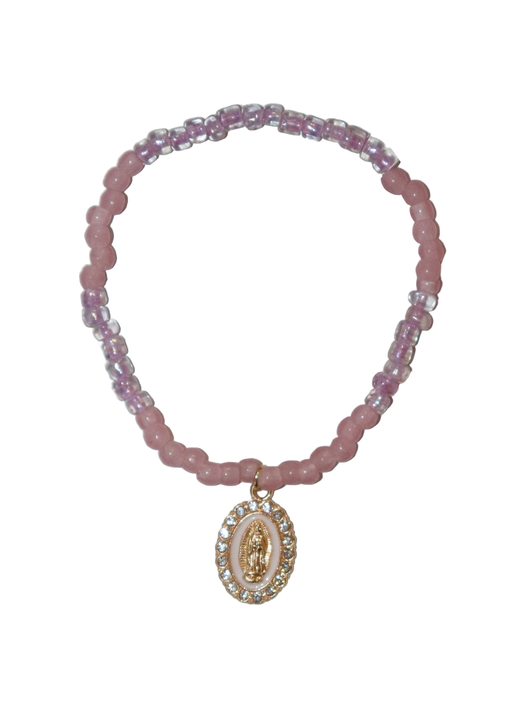 4mm Rose Quartz & Glass Bracelet with Our Lady of Guadalupe Charm