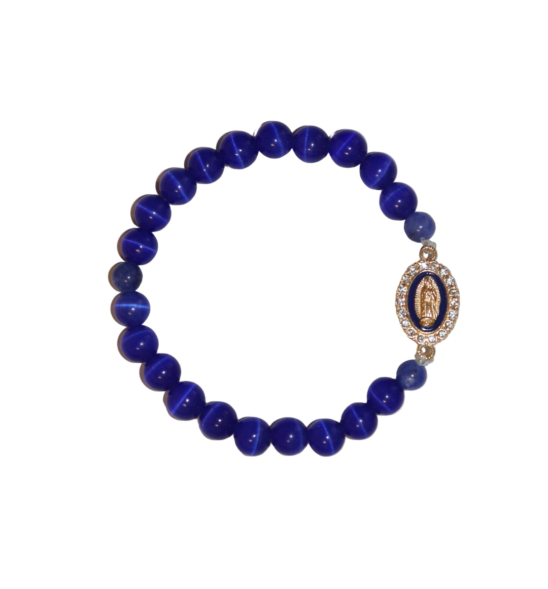8mm Blue Lapiz Bracelet with Our Lady of Guadalupe Charm
