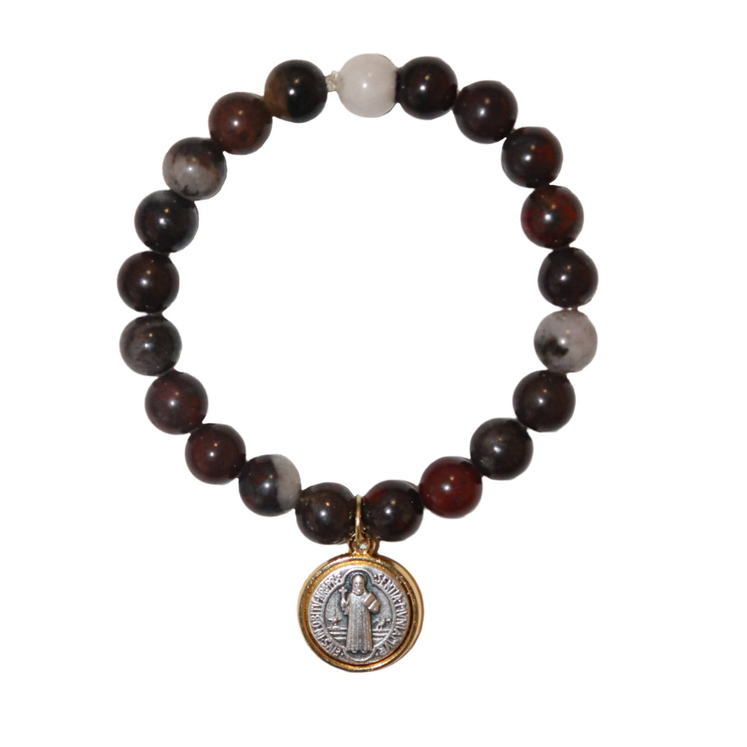 8mm Tibetan Dzi Bracelet with Two Tone St. Benedict Medal