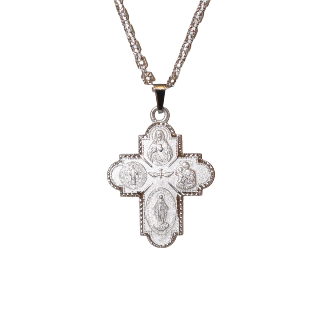 Sterling Silver 1.13" 4 Way Cross Necklace on 22" Sunburst Chain