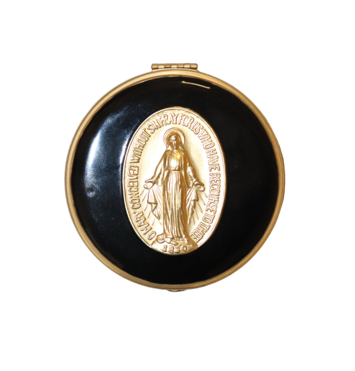 Round Black Enamel Gold Miraculous Medal Pill Box