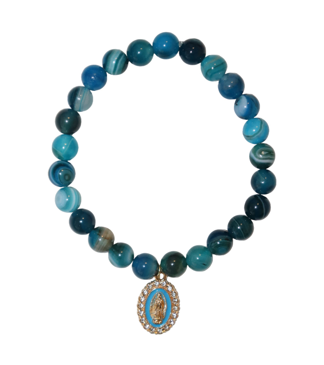 8mm Blue Striped Agate Bracelet with Our Lady of Guadalupe Charm