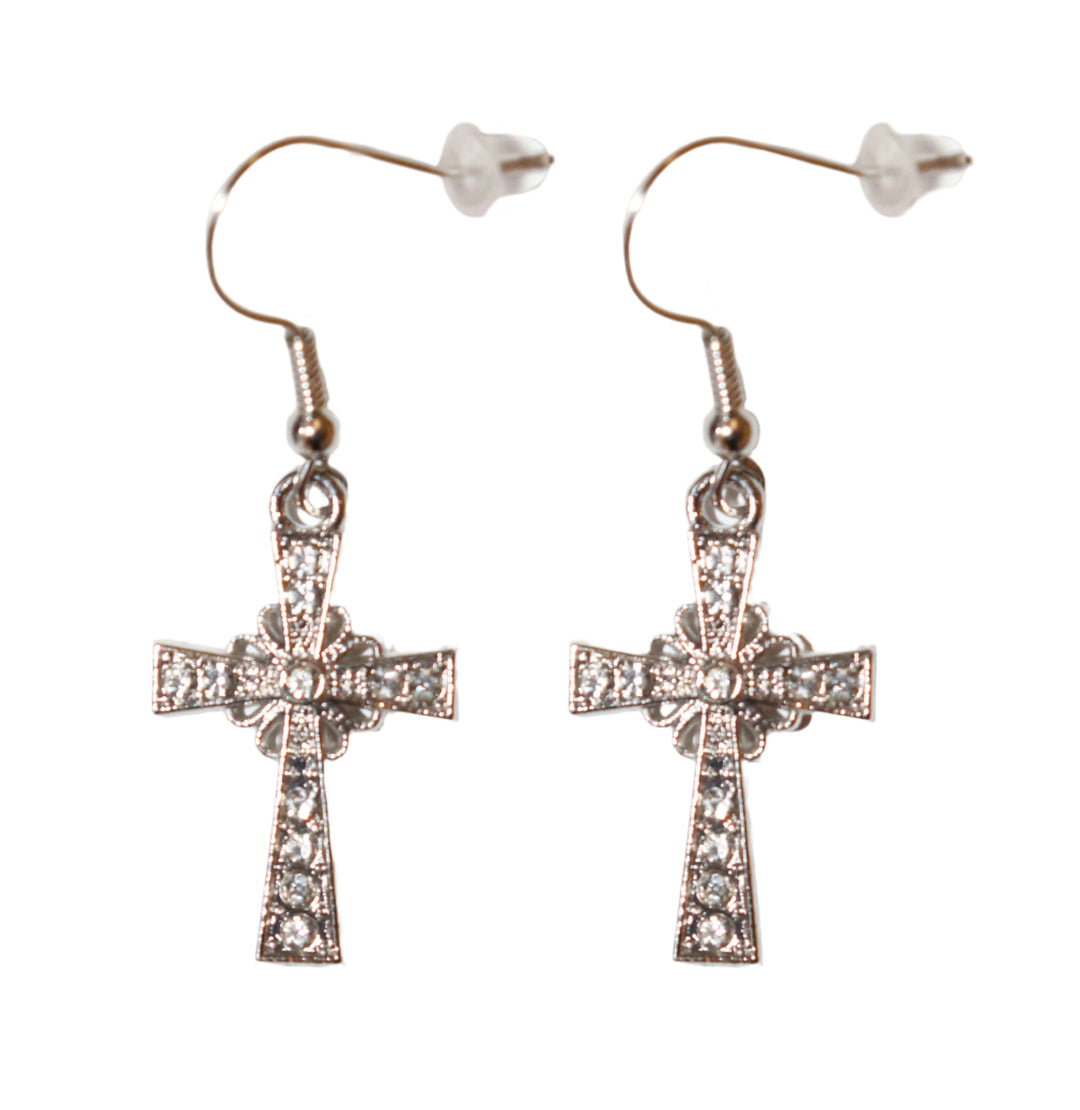 Silver Crystal Cross Earrings Set
