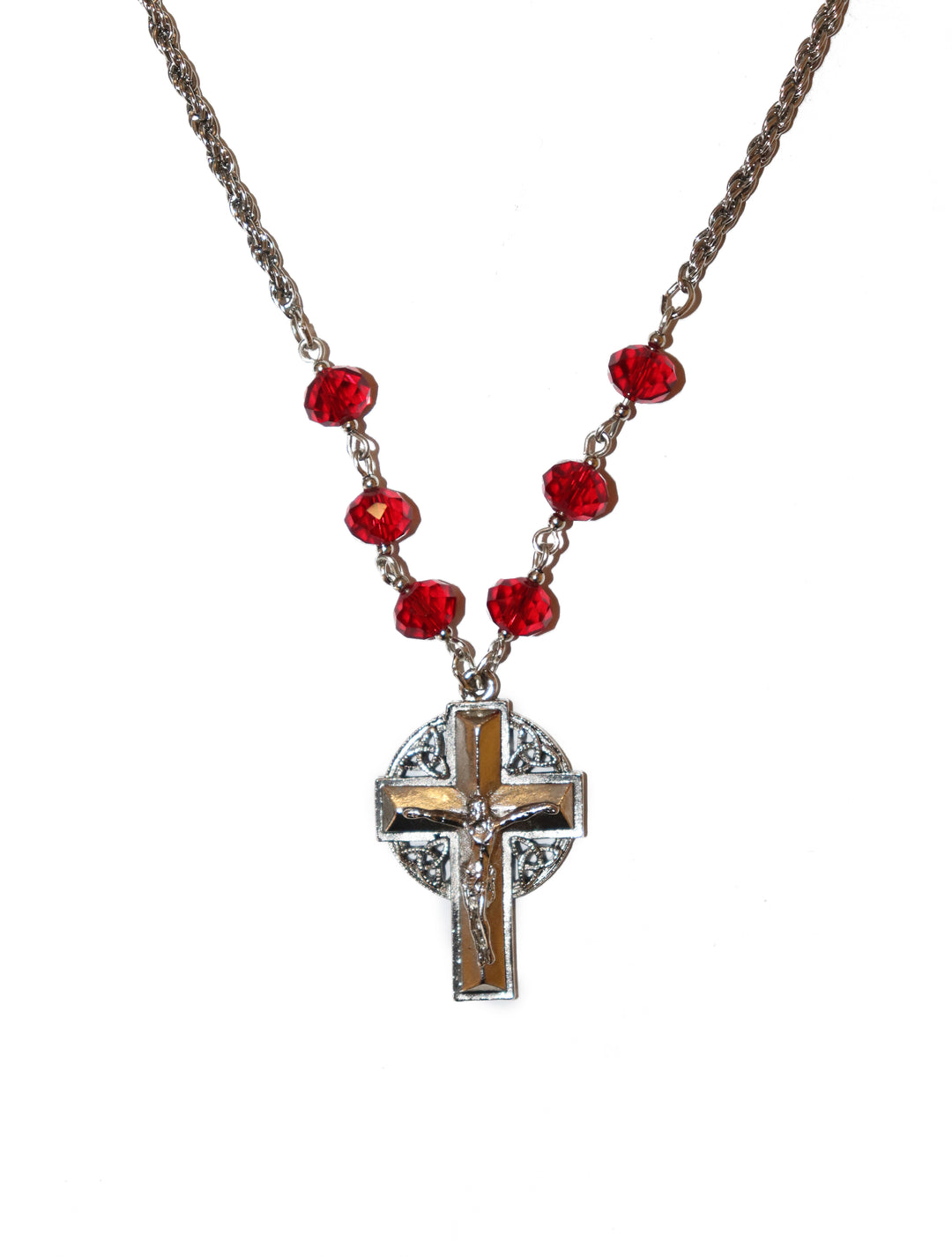 Symbols Of Faith Triquetra Crucifix Pendant Siam Red Beaded Chain Necklace 16" + 3" Extension