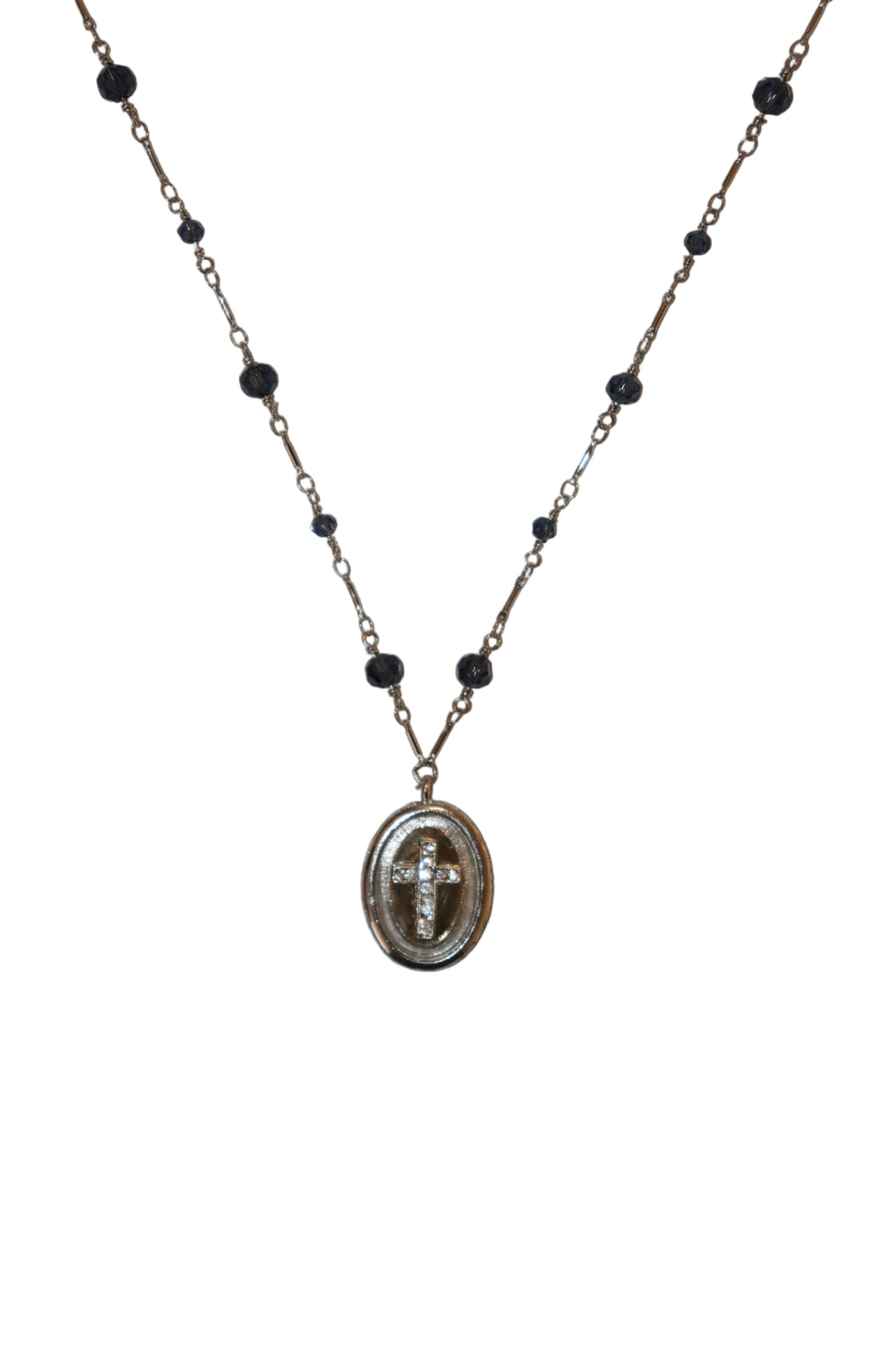 Silver Tone Oval Cross Clear Cover Pendant Necklace 28"