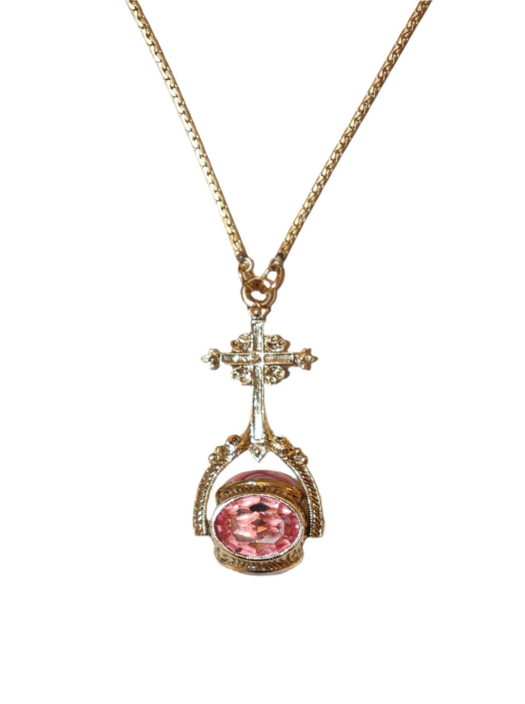 14K Gold Dipped Cross Multi Hue Pink Stone