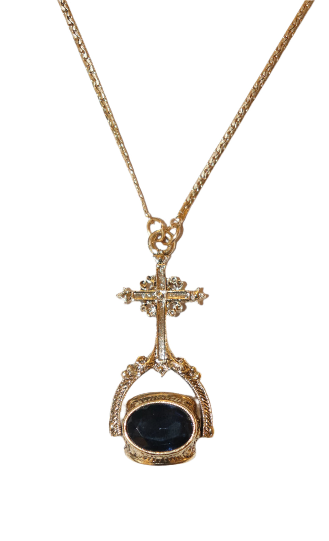 14K Gold Dipped Cross Multi Hue Blue Stone