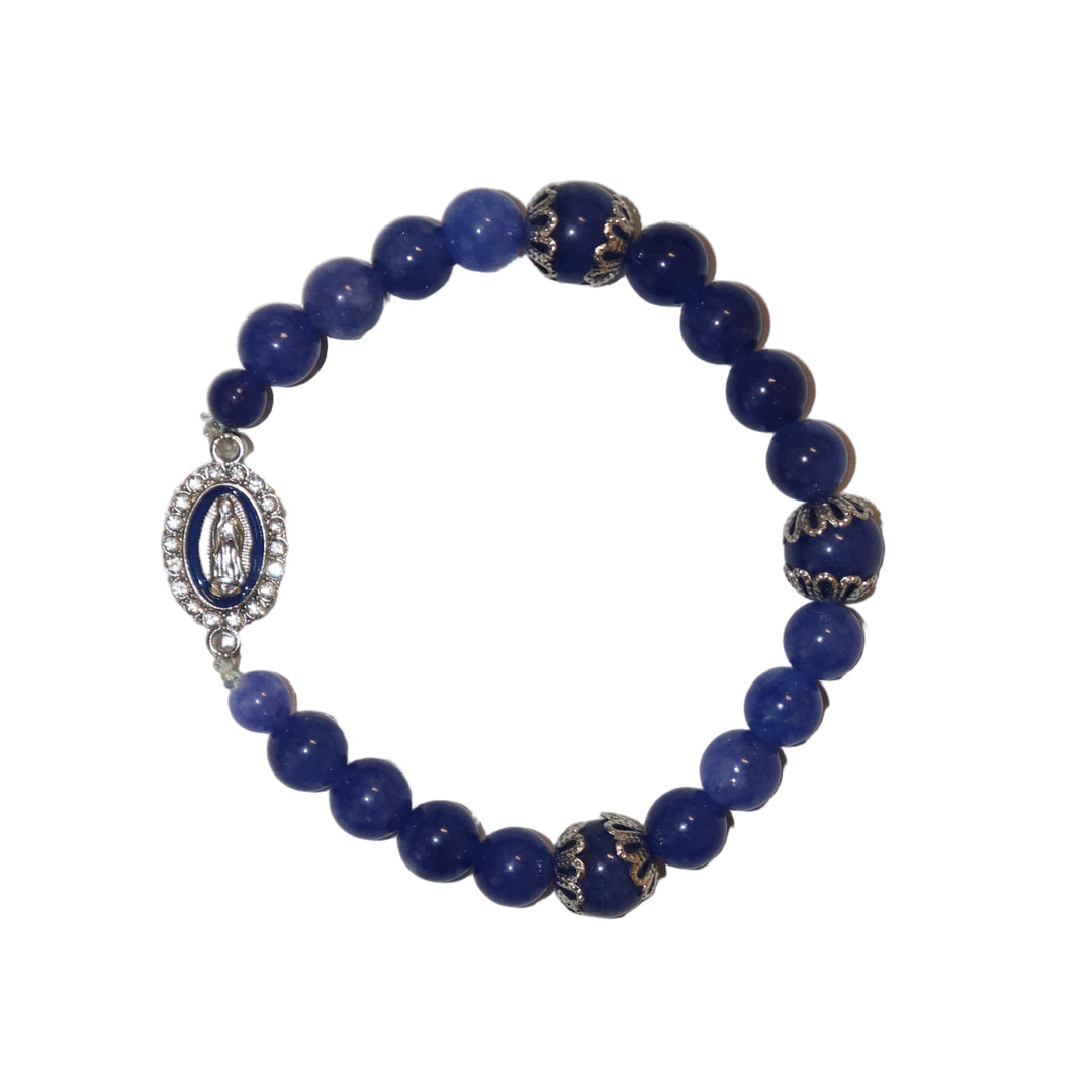 8mm & 10mm Capped Blue Lapiz Bracelet with Our Lady of Guadalupe Charm