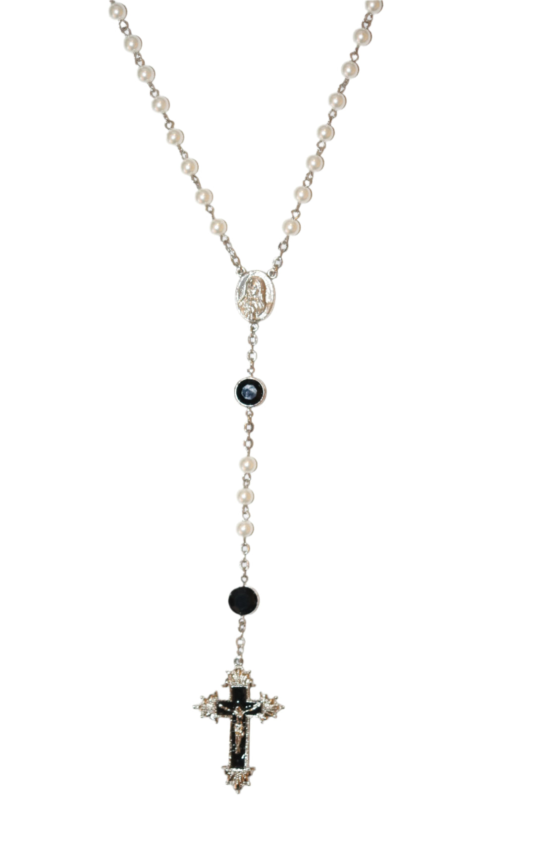Silver-Tone Faux Pearl Black Swarovski Crystal Rosary