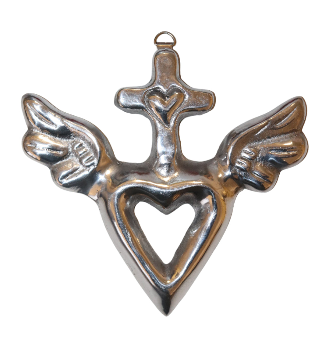 Pewter Heart with Cross and Wings Plaque