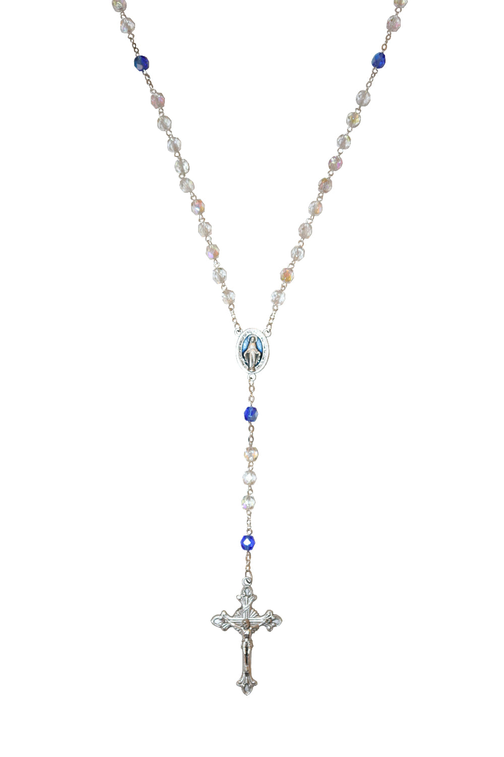 8mm Clear & Blue Crystal Rosary with Enameled Centerpiece