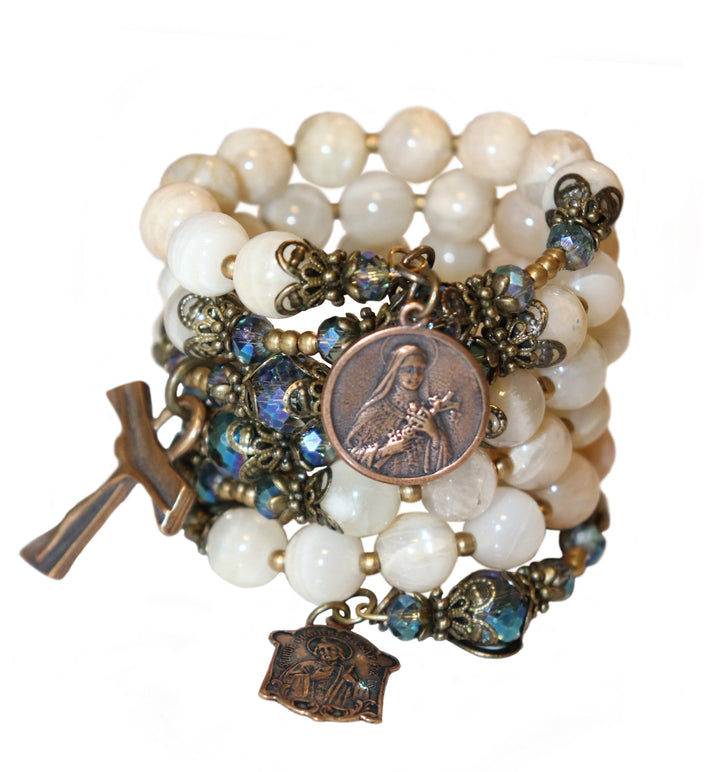 Wrap Bracelet of Divine Prayer - Moonstones with Aqua Crystals
