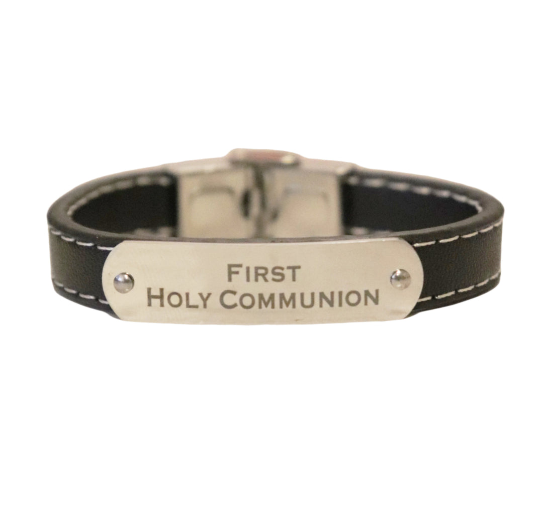 Black Leather First Holy Communion Bracelet