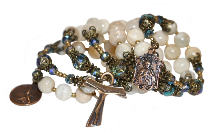 Wrap Bracelet of Divine Prayer - Moonstones with Aqua Crystals