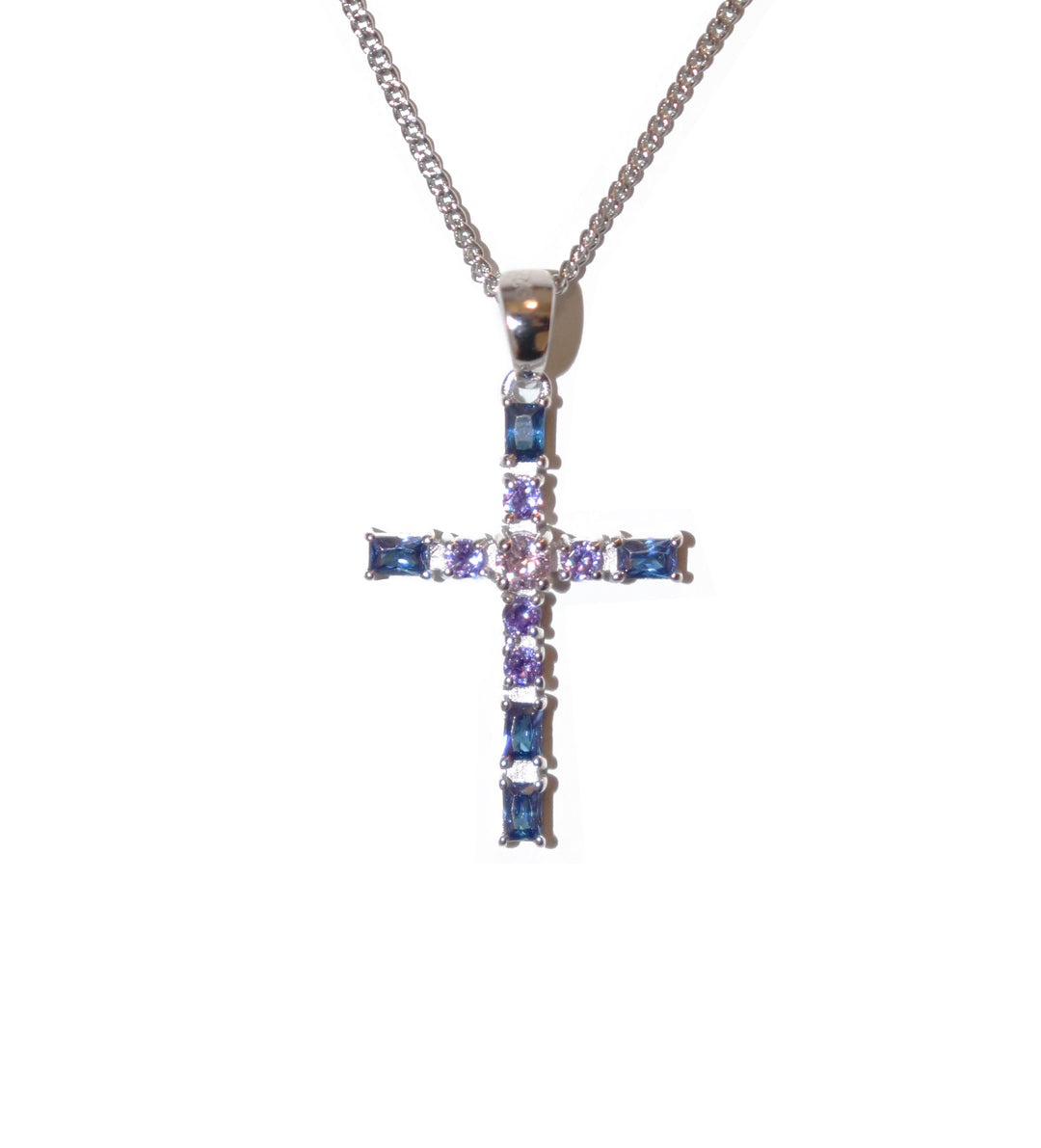 Sterling Silver Blue & Purple Cubic Zirconia Cross Necklace