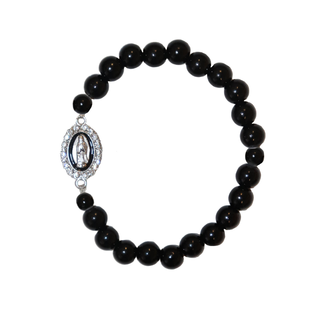 8mm Black Onyx Bracelet with Our Lady of Guadalupe Charm