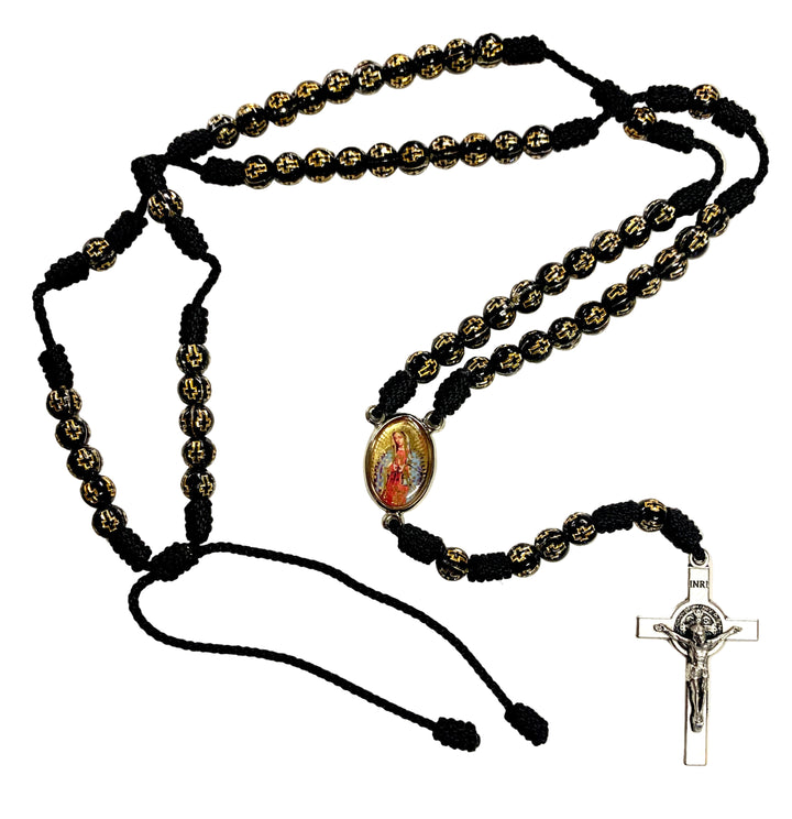 7mm Black Wood OL Guadalupe & Divine Mercy Corded Rosary