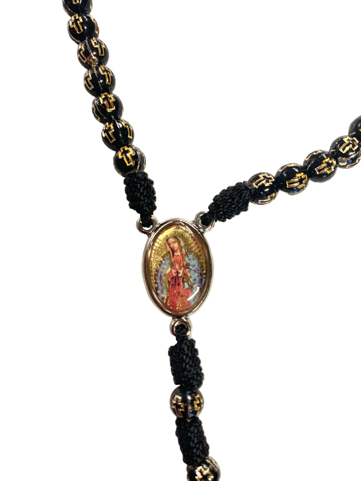 7mm Black Wood OL Guadalupe & Divine Mercy Corded Rosary
