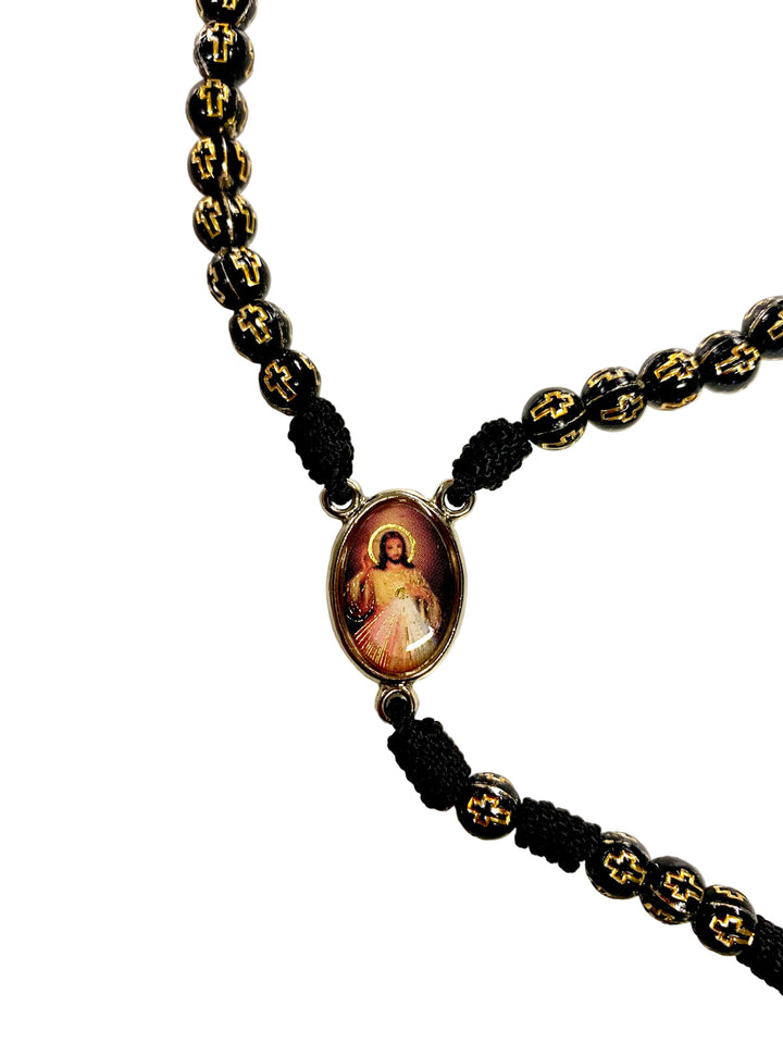 7mm Black Wood OL Guadalupe & Divine Mercy Corded Rosary