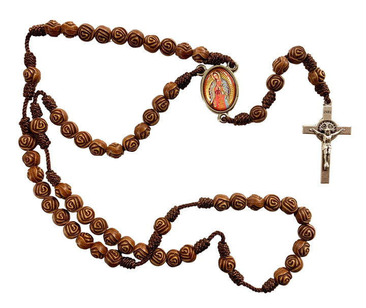 8mm Brown Carved Wood OL Guadalupe & Child of Atocha Corded Rosary