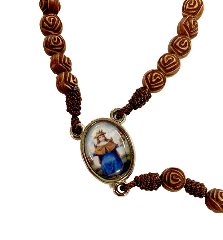 8mm Brown Carved Wood OL Guadalupe & Child of Atocha Corded Rosary