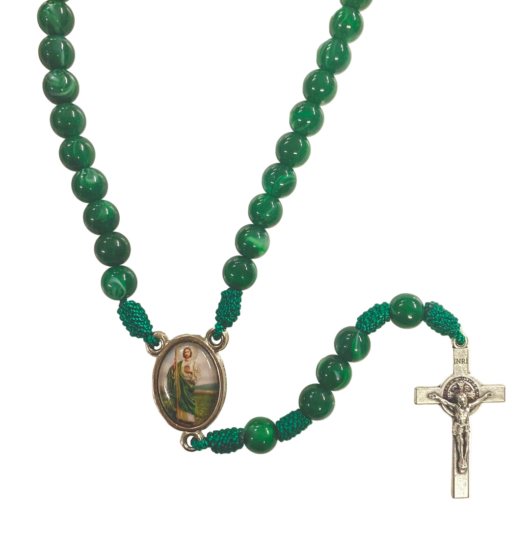 8mm Green Glass St. Jude Corded Rosary