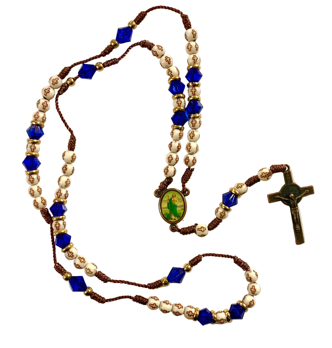 6mm Wood & Blue Crystal St. Jude Copper Corded Rosary