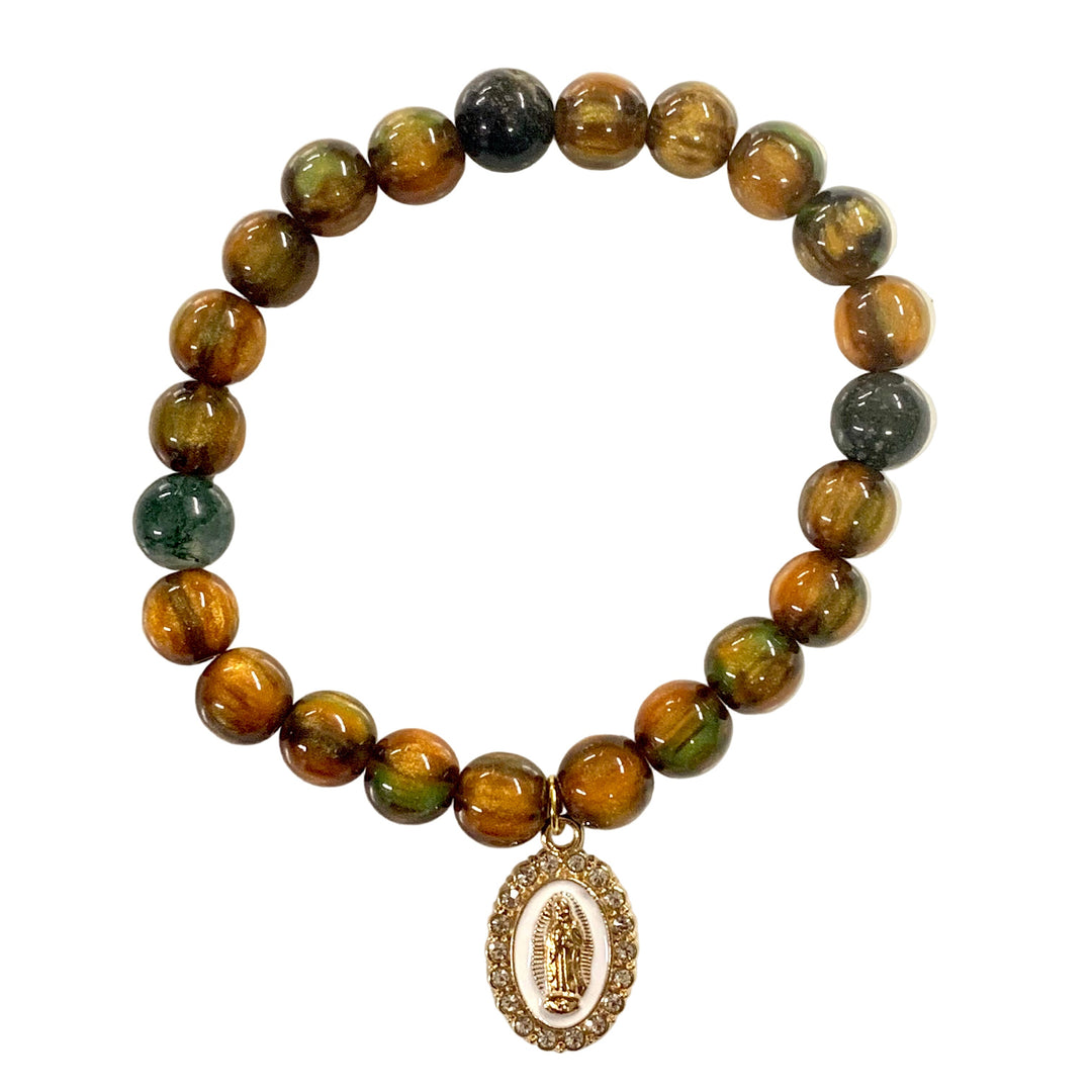8mm Tiger Eye & Agate Bracelet with Our Lady of Guadalupe Charm