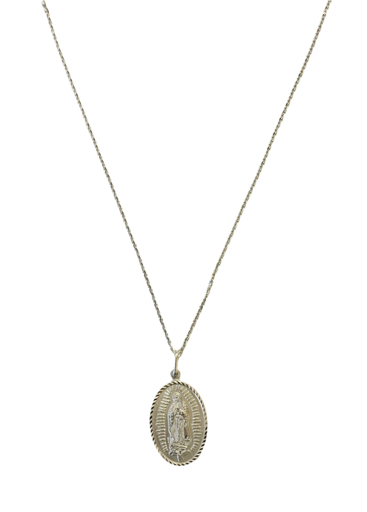 Sterling Silver Oval Our Lady of Guadalupe Necklace with Trace Chain
