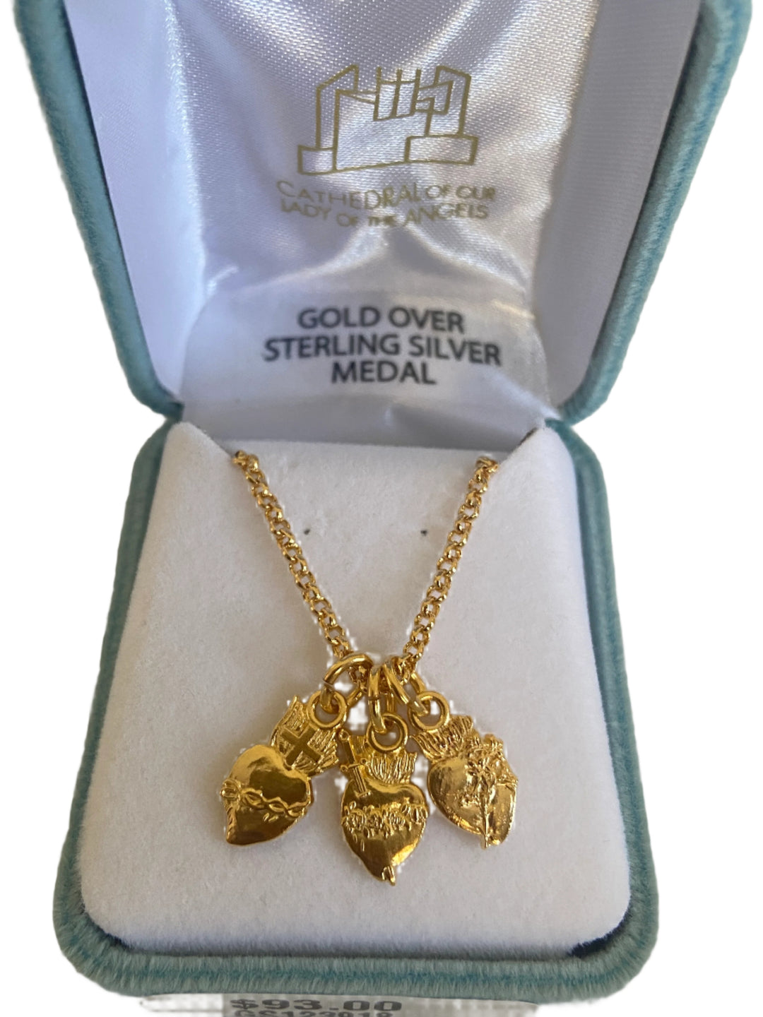 18" Gold Over Sterling Silver Jesus, Mary and Joseph Three Hearts Necklace