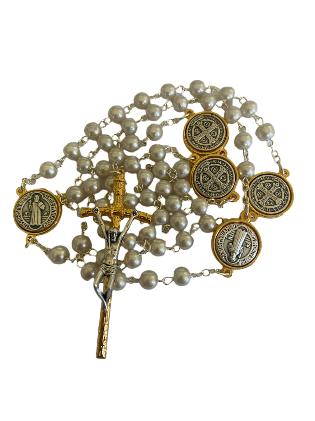 6MM St. Benedict Medal Gold / Pearl Rosary