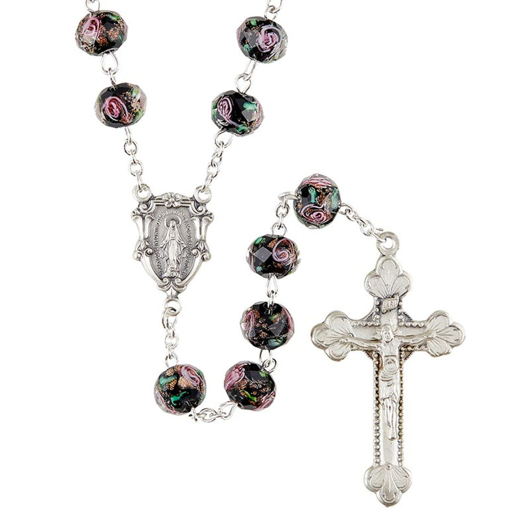 8mm x 10mm Black Murano Hand-Painted Rosary