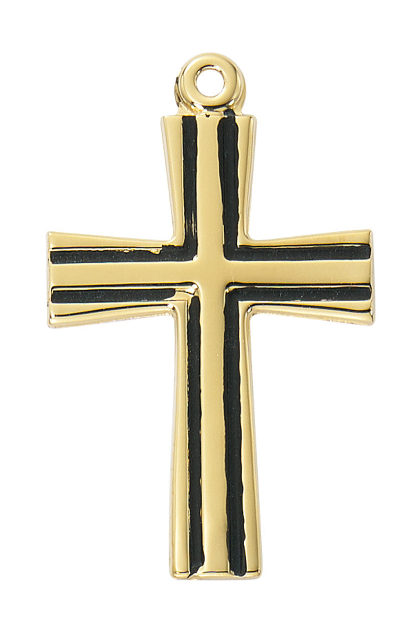 Gold Cross with Black Fill Lines on 18" Chain