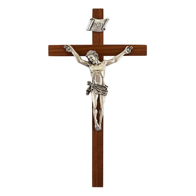 8" Walnut Wall Crucifix with Pewter Corpus