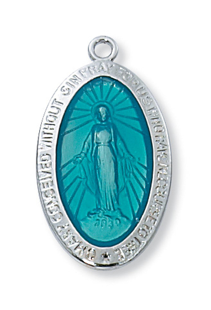 Sterling Silver Blue Epoxy Miraculous Medal with 18" Stainless Steel Chain