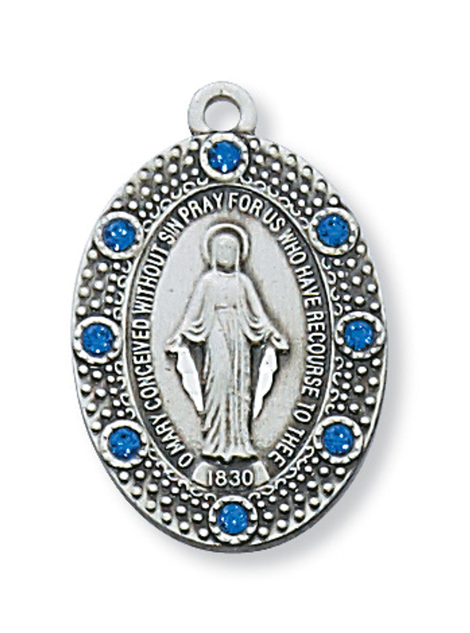 Sterling Silver Miraculous Medal with Blue Glass Stones