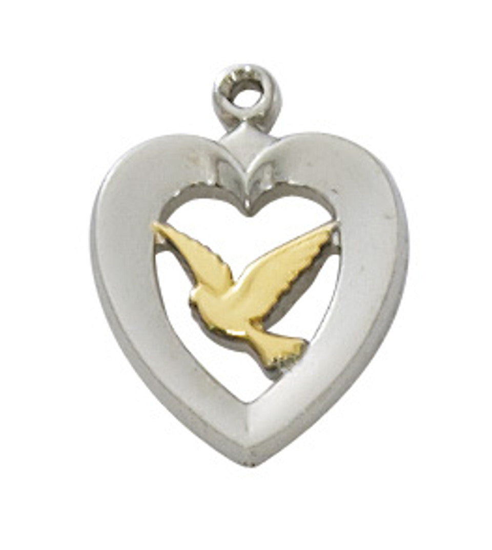 Sterling Silver Heart with Gold Dove on 18" Rhodium Plated Chain