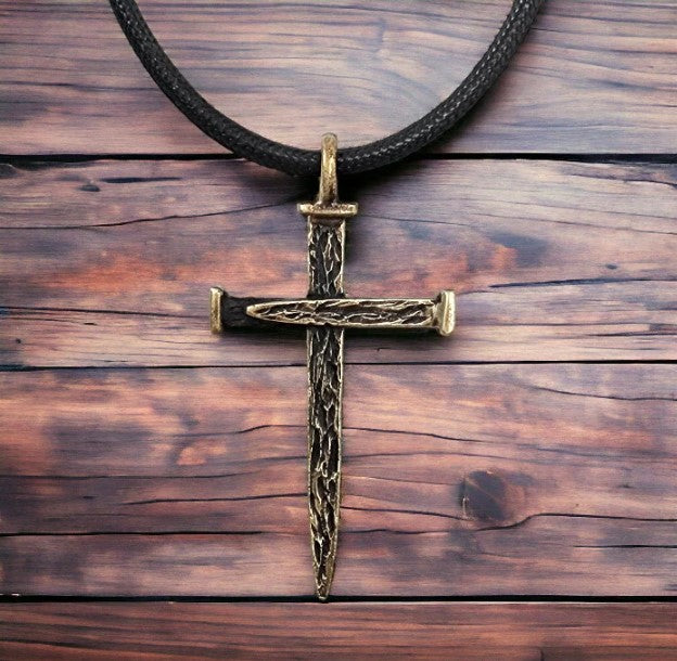 Nail Cross Large Rugged Antique Brass Finish Pendant Black Cord Necklace