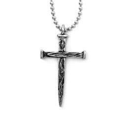 Nail Cross Large Rugged Antique Silver Finish Pendant Ball Chain Necklace